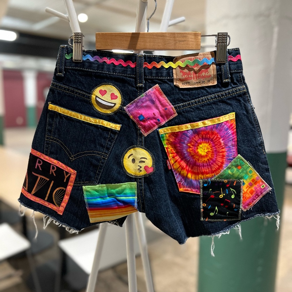 Katy Perry Upcycled Custom Patchwork Collage Shor… - image 2